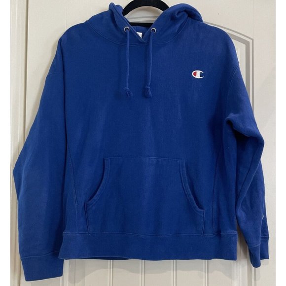 Champion Reverse Weave Hoodie Size Youth Large Blue Heavyweight Logo Sweatshirt
